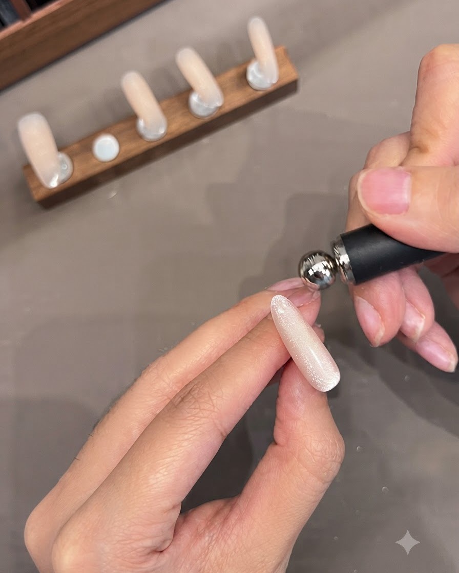 A magnetic tool shaping a wide side-light cat-eye effect on a false nail tip.