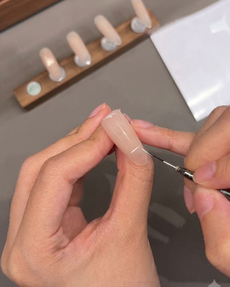 A fine brush drawing a white French tip line across a neutral pink artificial nail surface.