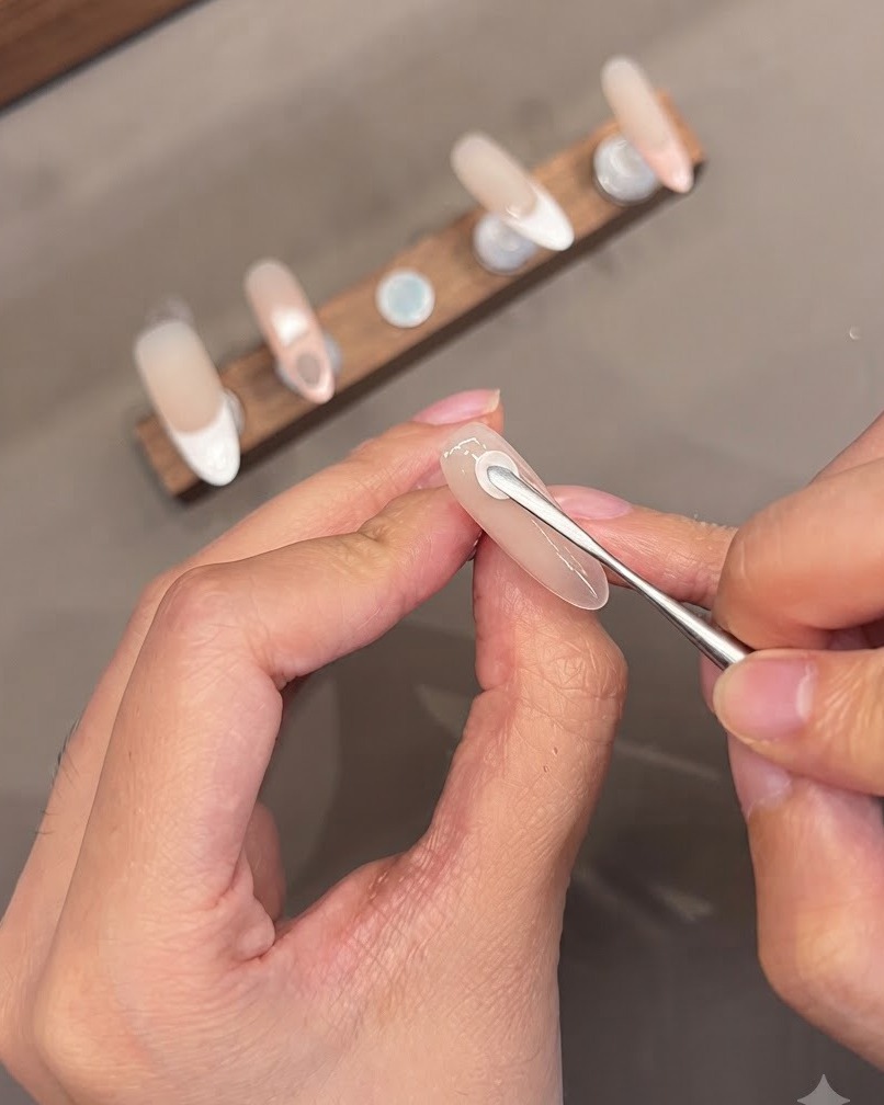 A detailing tool shaping 3D gel flower petals on a neutral base nail surface.
