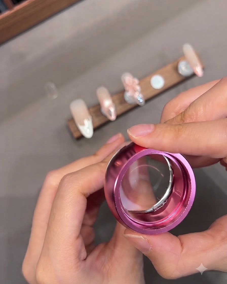 A person using a pink clear jelly silicone stamper to transfer a text design onto a fingernail.