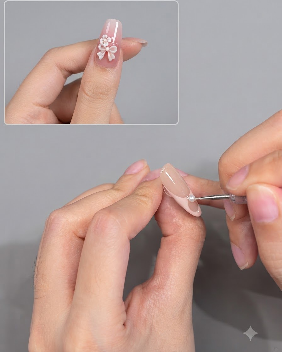 A tool placing a small pearl decoration onto the smile line of a French manicure nail.