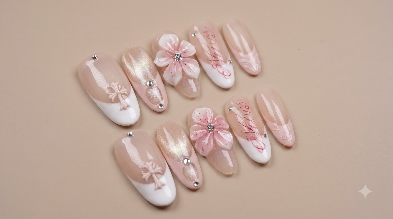 Close-up of a hand displaying press-on nails featuring French tips, 3D floral art, cat-eye glass bead effects, and delicate embellishments.