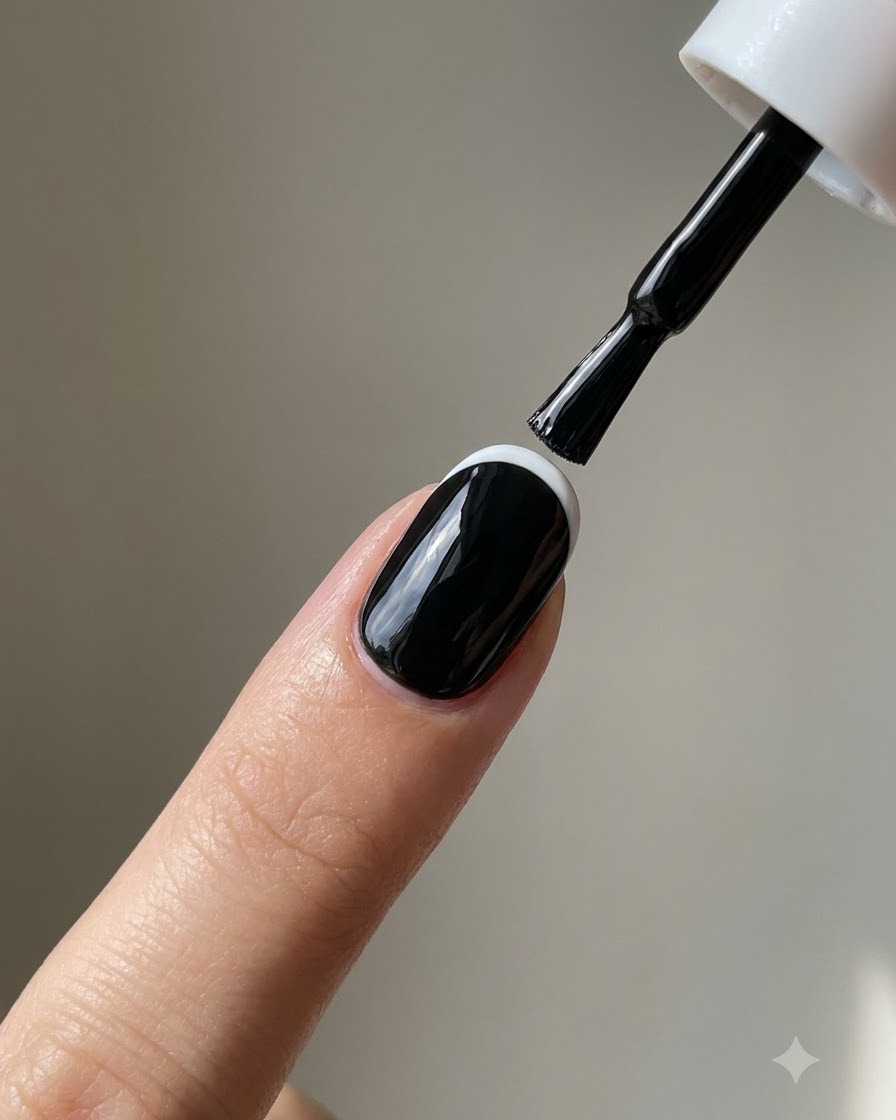 A fine liner brush drawing delicate silver outlines of a lily flower on a black polished nail.