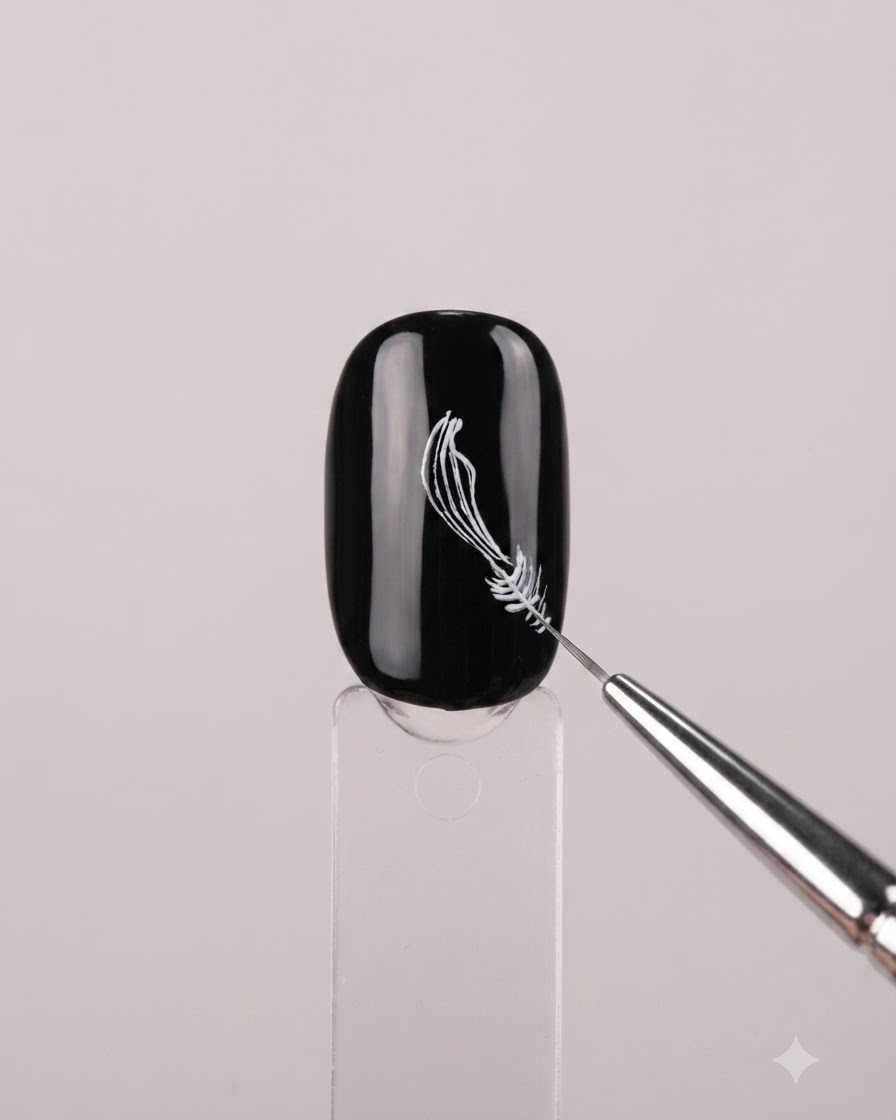 A nail display stand showing a black nail with detailed silver fine-line flower petal art.