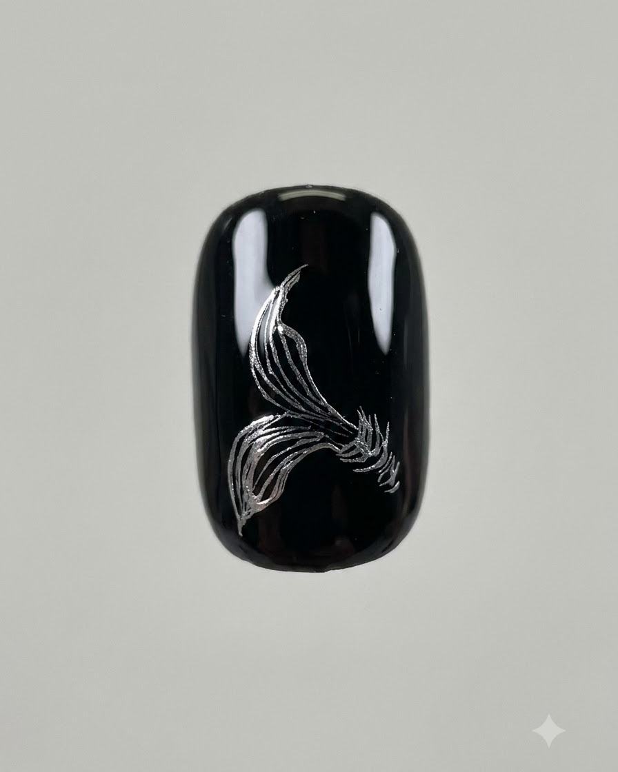 A completed three-petal silver line art layer on a black gel nail surface.