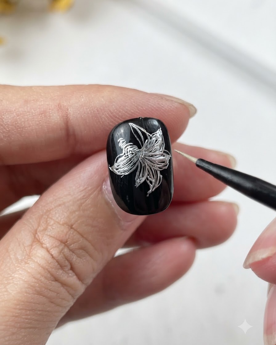 A completed metallic silver lily flower nail art design showing all six detailed petals on a black base.