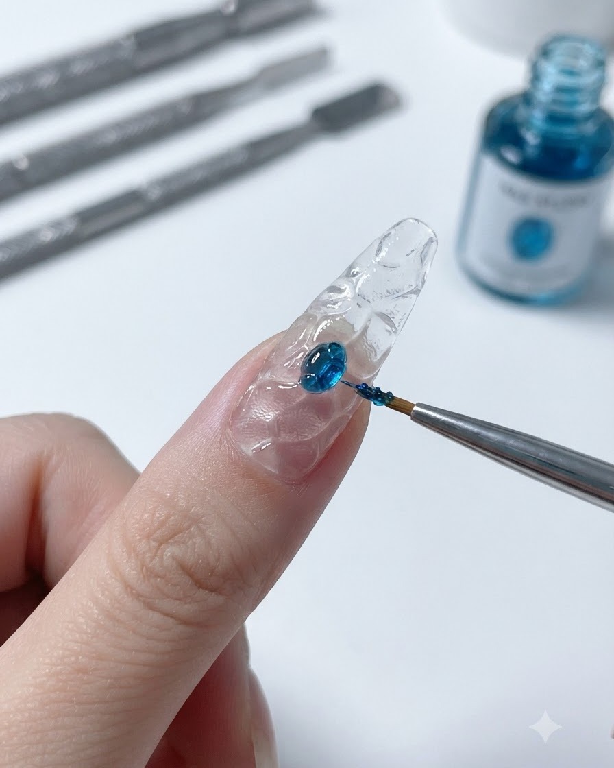 A fine nail brush picking up a drop of vibrant blue translucent glass gel from a mixing surface.