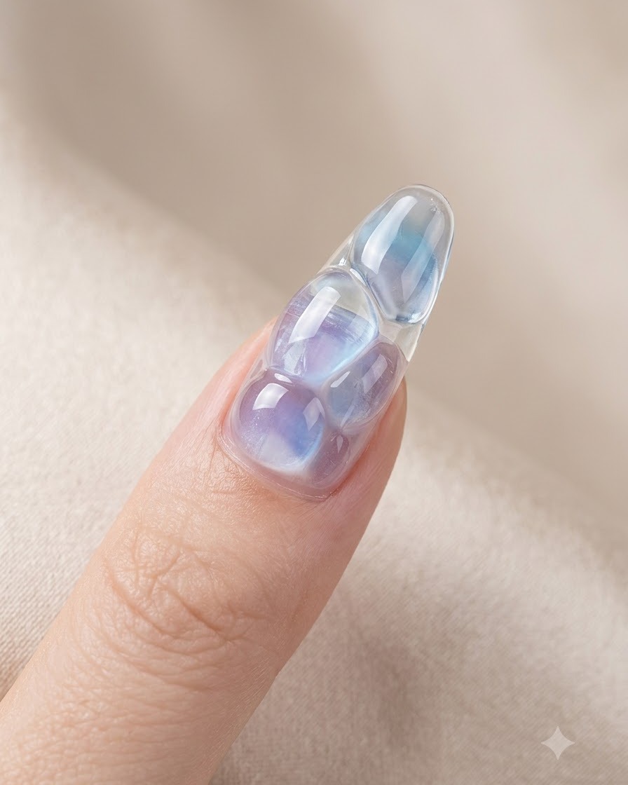 A brush applying top coat sealant over a textured water ripple gel nail design.