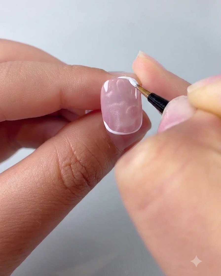 A close-up of a person using a fine liner brush to paint white petals on a glossy, semi-transparent gel nail.