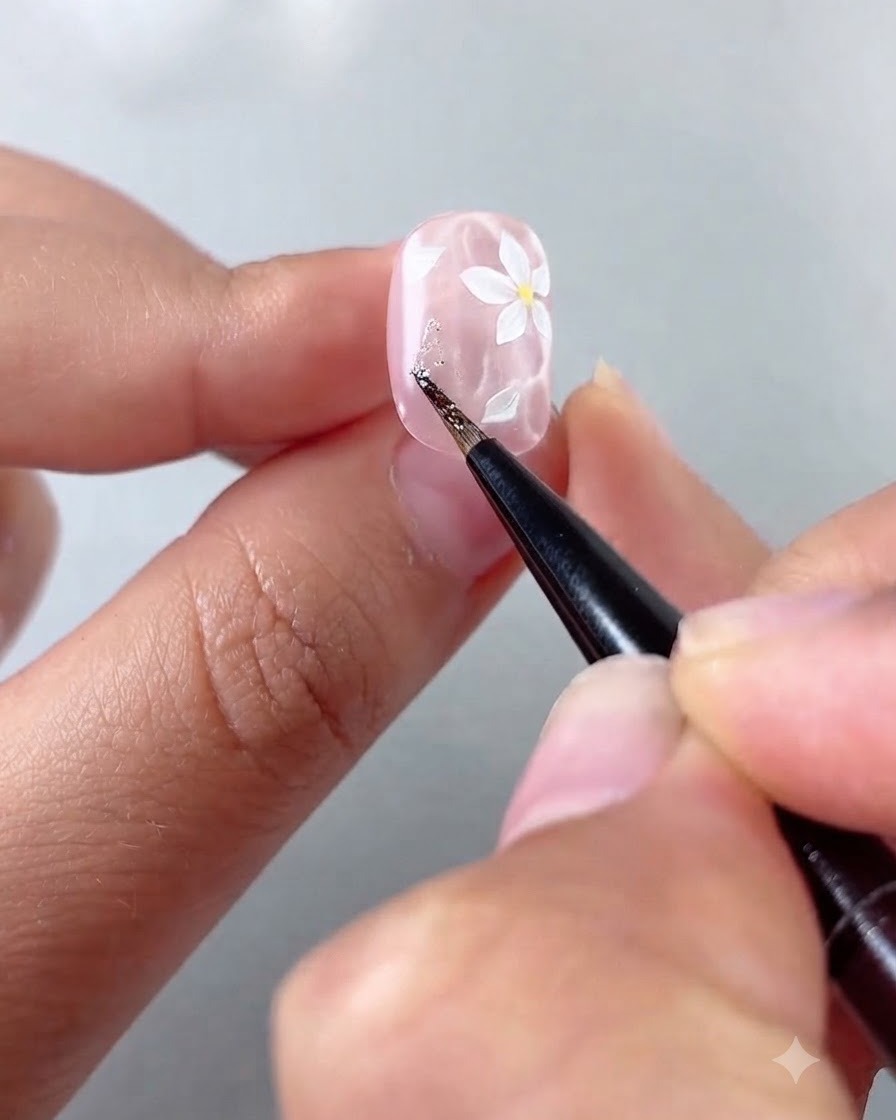 A close-up of a hand using a fine brush to place tiny specks of silver glitter onto a glossy pink nail decorated with white painted flowers.