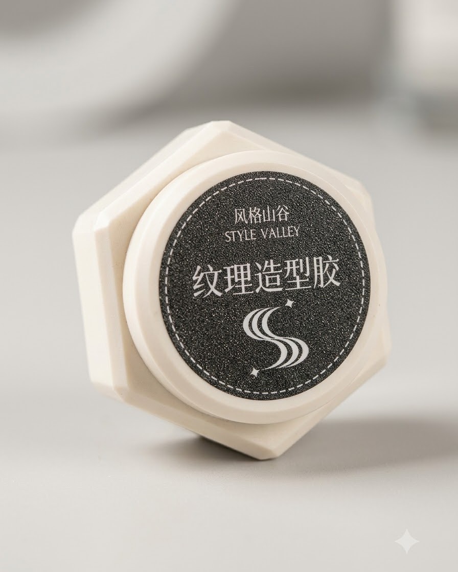 A product jar of Style Valley texture shaping gel labeled with Chinese characters.
