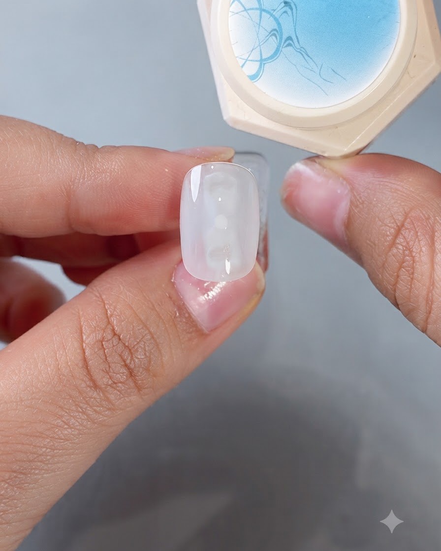 A blue cat-eye gel product container positioned next to a prepped light blue nail tip.