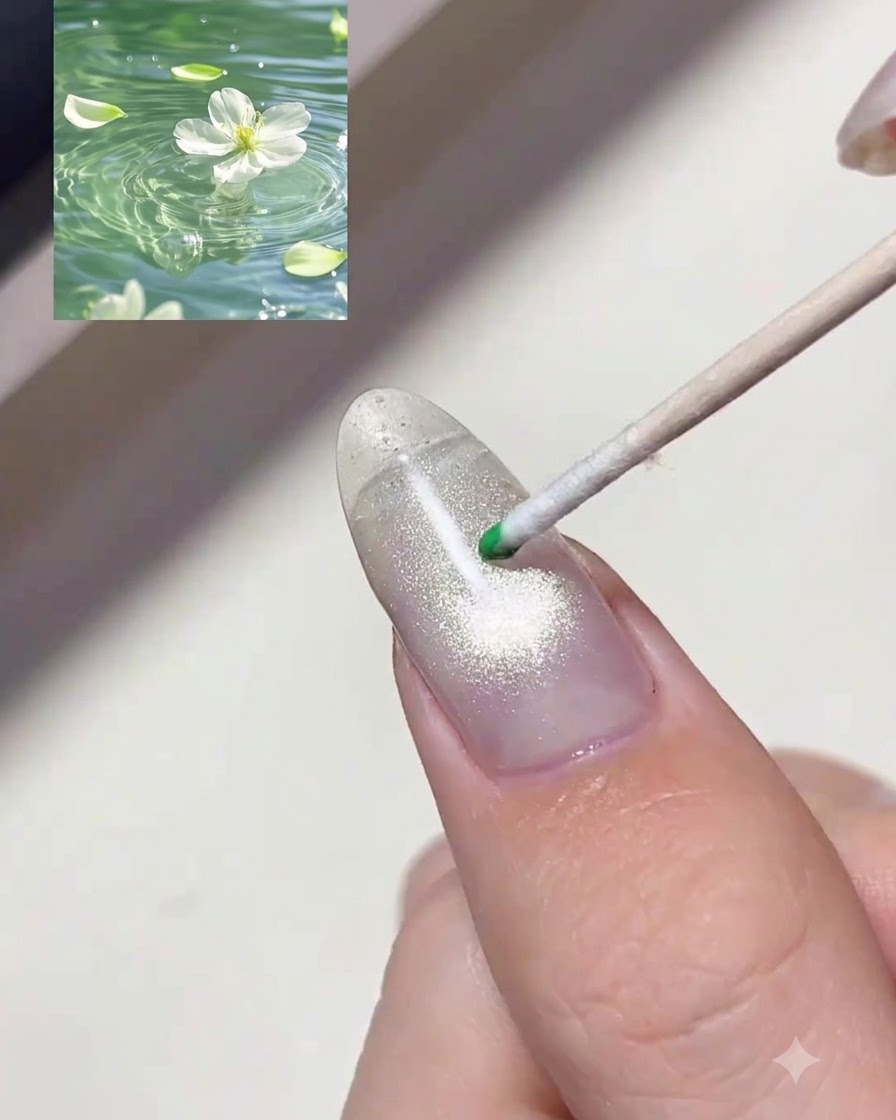 A wooden dotting tool placing a drop of translucent green tint gel onto a shimmery nail.