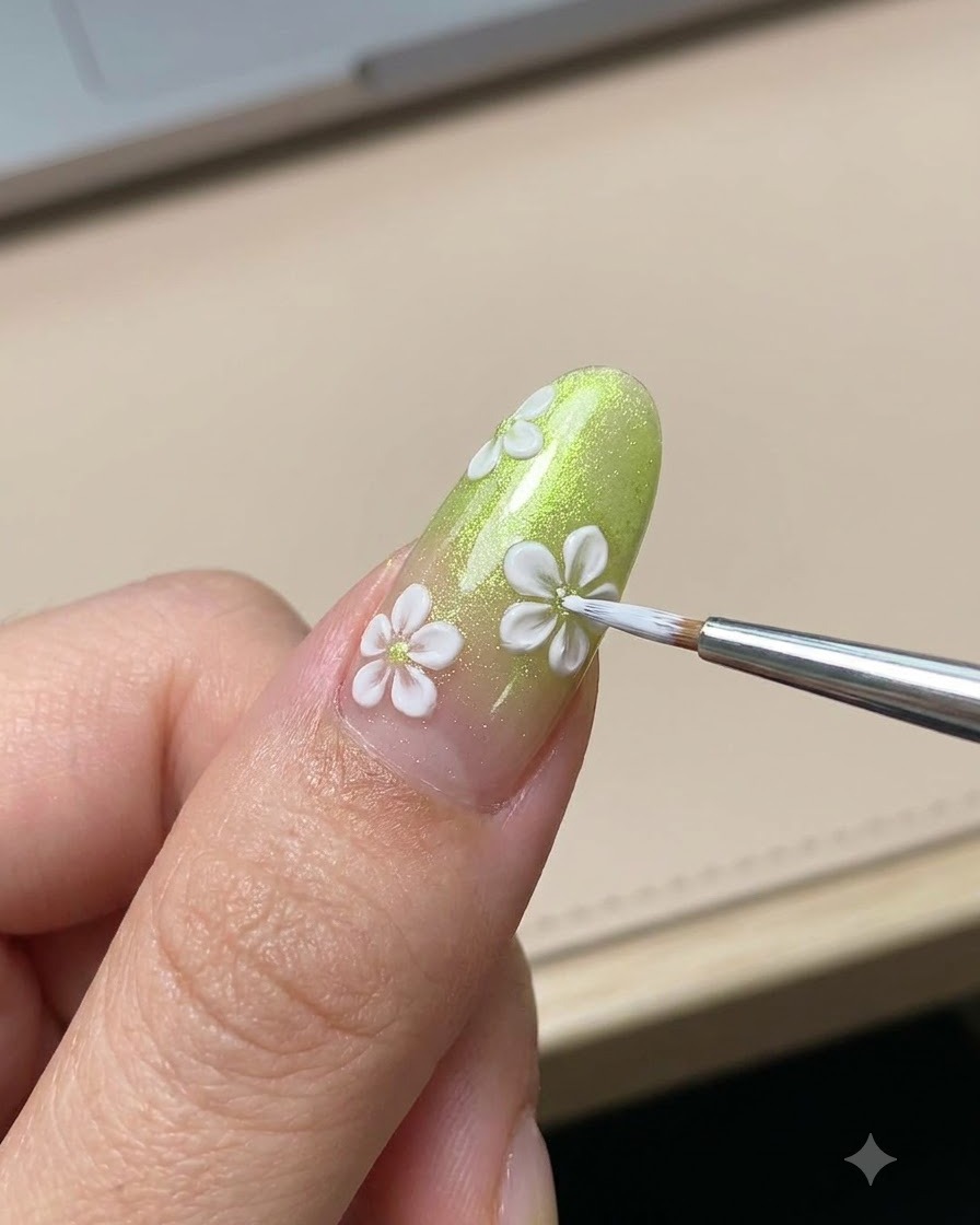 A fine detail brush applying a tiny yellow center to a white daisy painted on a green manicured nail.