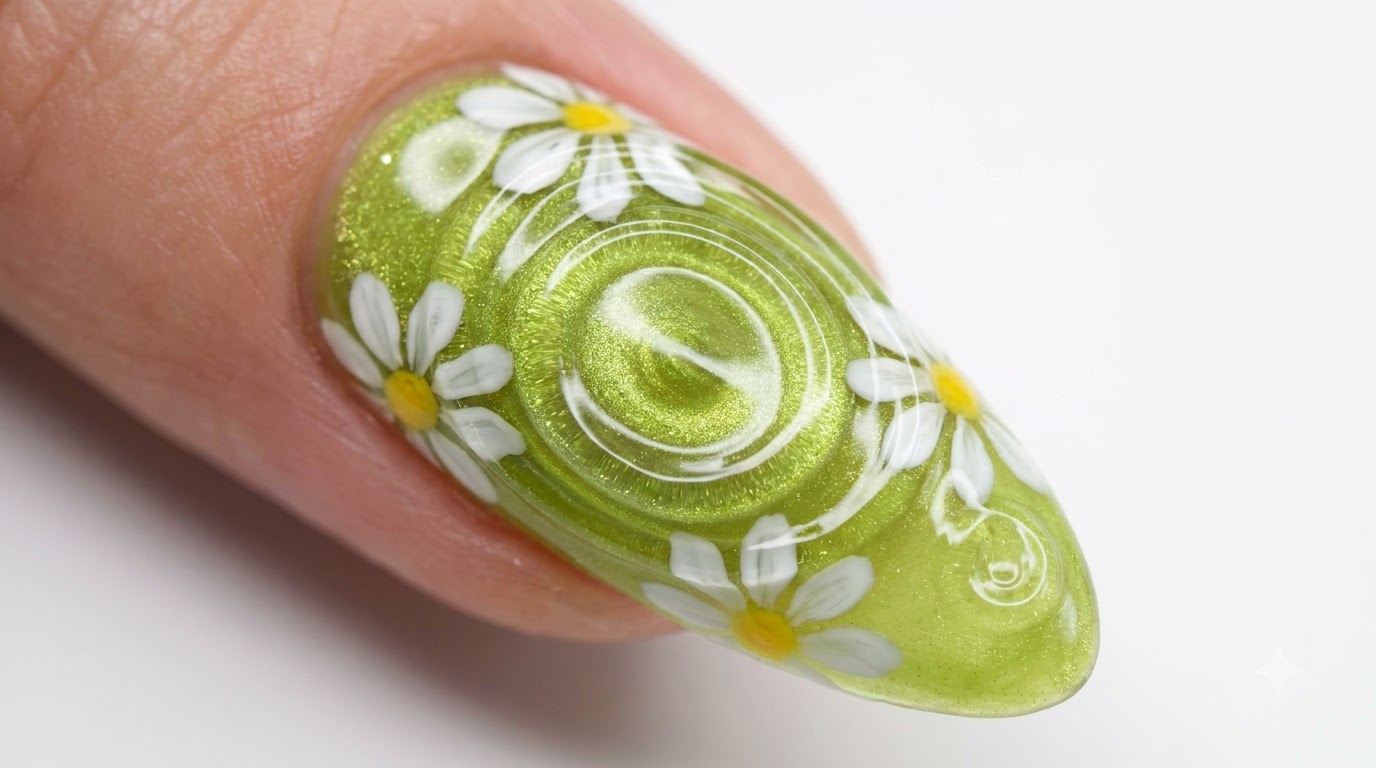 Lime Green Cat Eye Water Ripple Nails with Daisies — Step-by-Step Tutorial