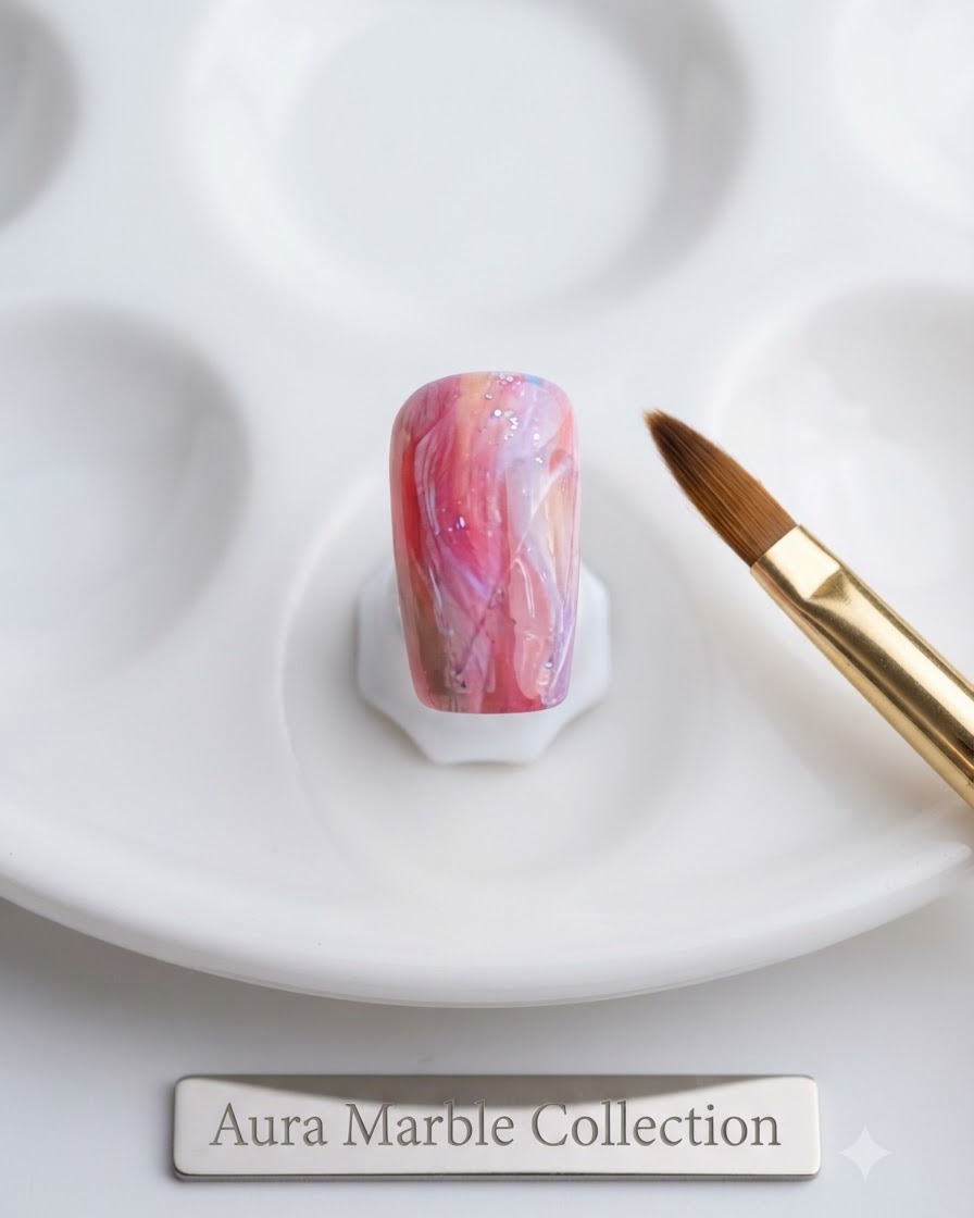 A close-up of a golden nail brush resting beside a white palette with a prepped aura marble nail.