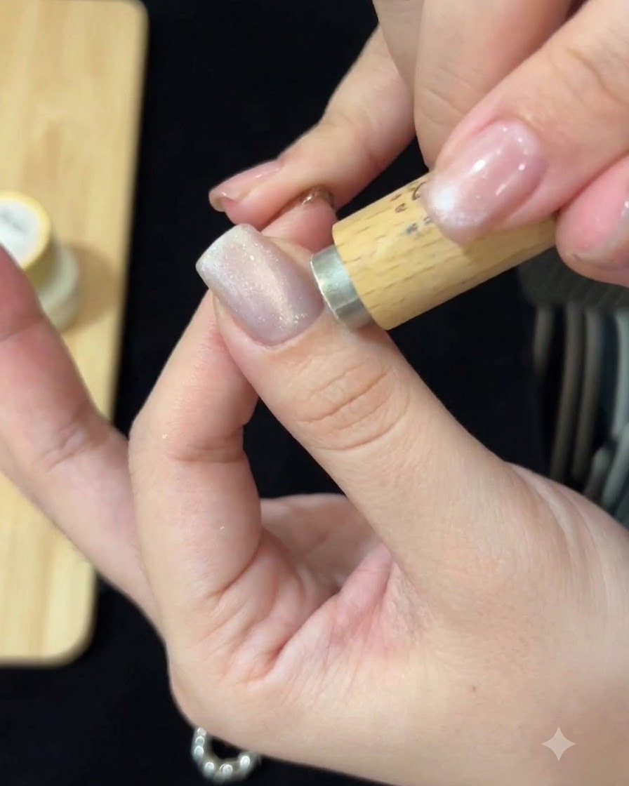 A wooden magnetic stick being held close to a nail coated with cat-eye gel to shape the light effect.