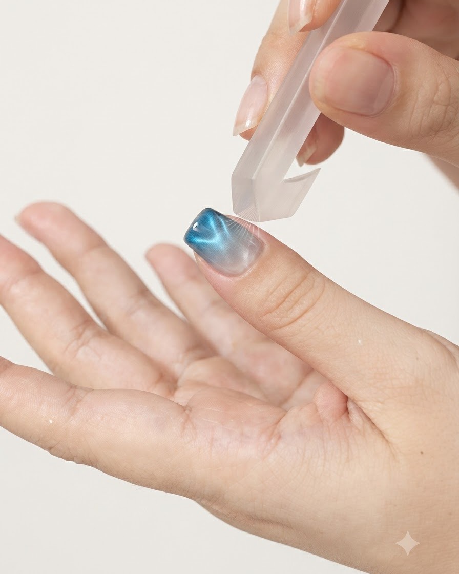 A fingernail being cured under a purple-pink UV or LED lamp.