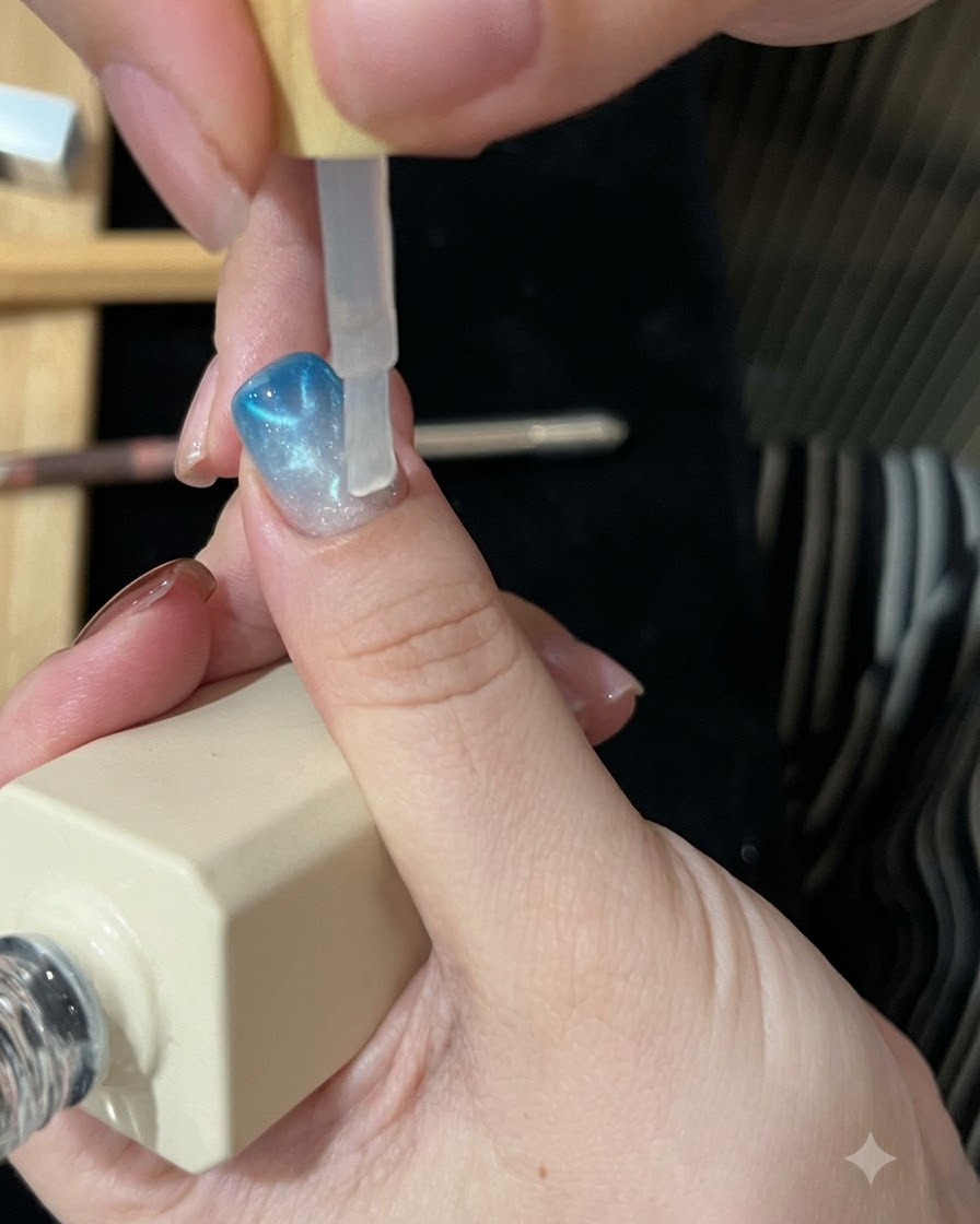 A brush applying a clear top coat layer over a finished blue cat-eye and ombre nail design.