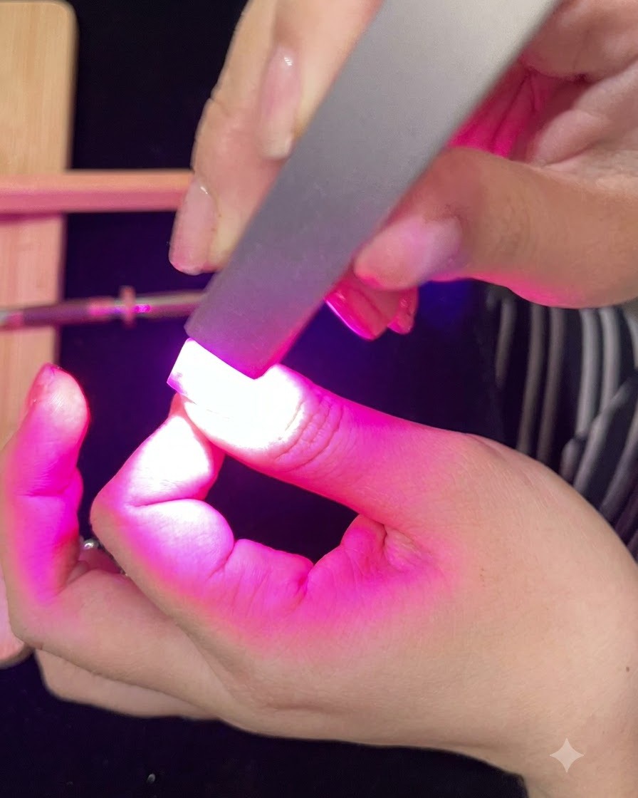 A fingernail curing under a bright pink UV or LED lamp during the final top coat application.
