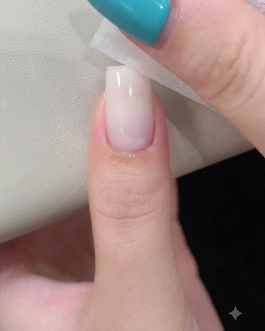 A cleansing wipe pressing against a glossy milky white nail on a thumb to remove residue.