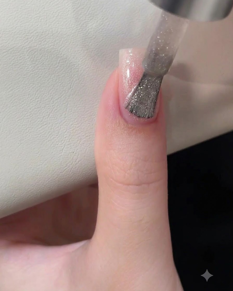 A nail polish brush applying a sparkling silver cat-eye gel over a pink gradient nail.