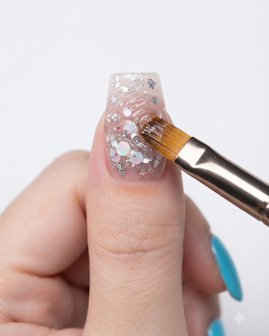A detailed brush dragging clear sculpting gel to form 3D water ripple ridges on a decorated nail.
