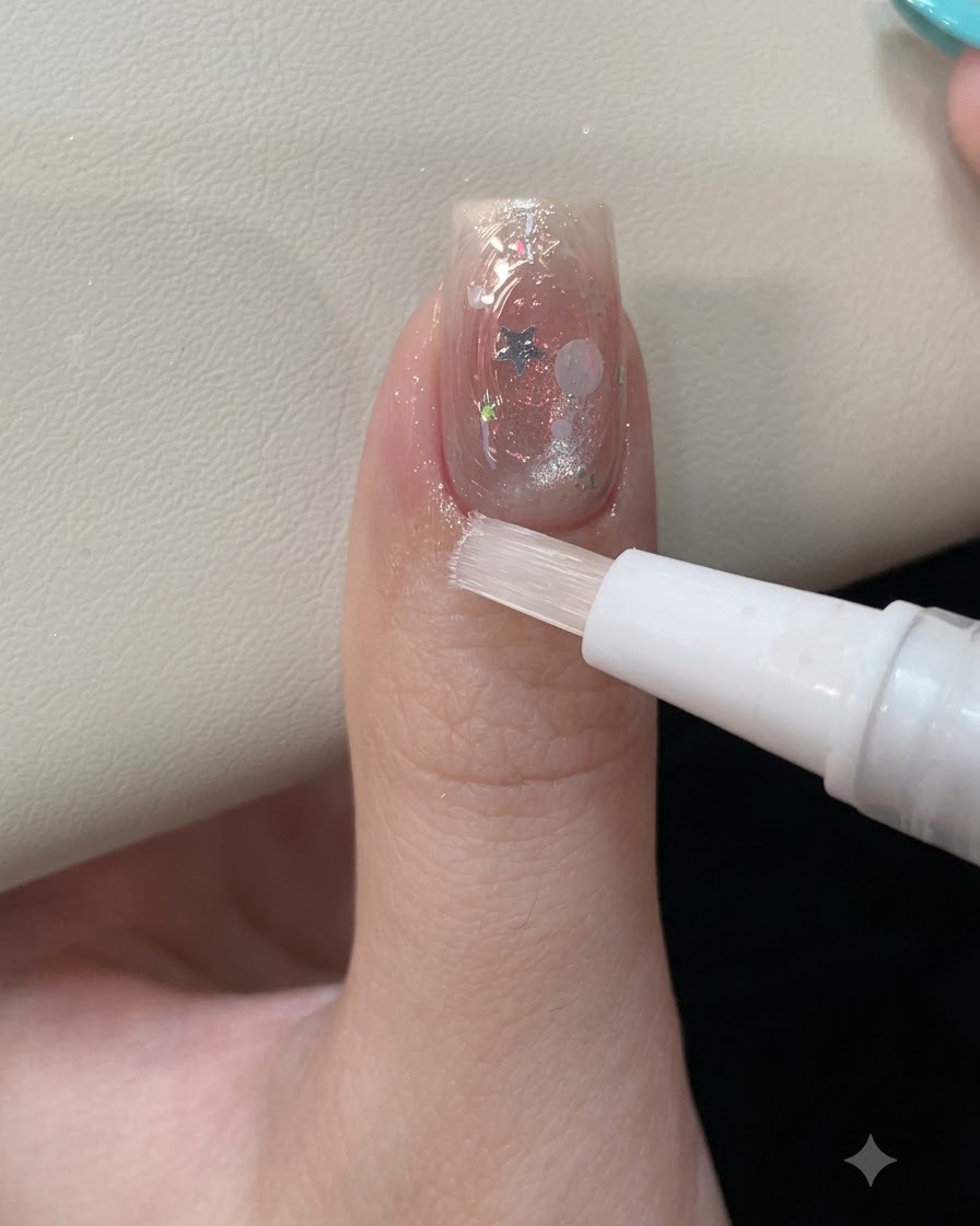 A white revitalizing brush pen applying clear cuticle oil onto the skin surrounding a beautifully decorated and finished gel nail.