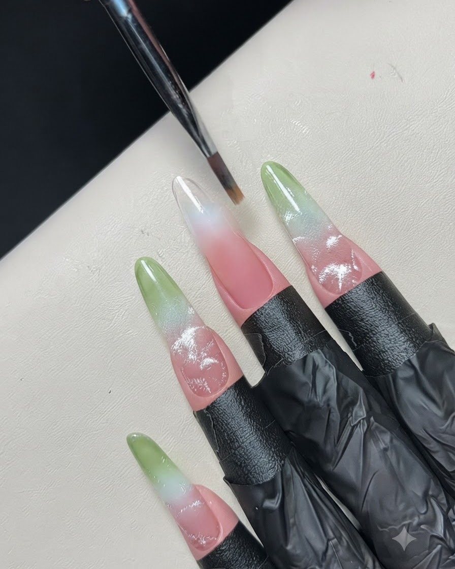 A fine detailing nail brush gently feathering and smoothing the color transition on a gradient practice nail.
