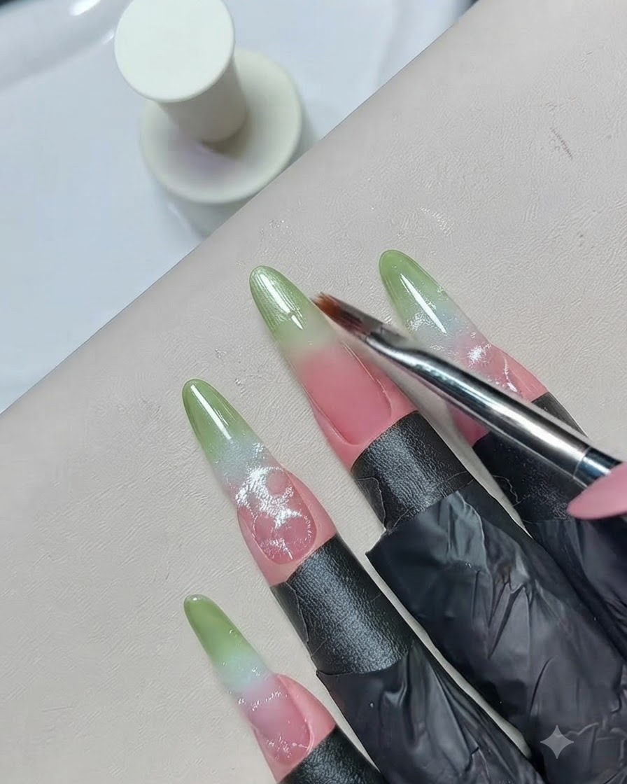 A fine brush blending the green gel polish down the nail to perfect the smooth gradient transition.