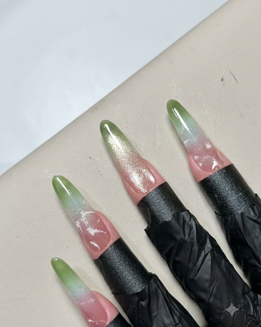 Fine tweezers placing small metallic bead accessories onto a finished nail art pattern.
