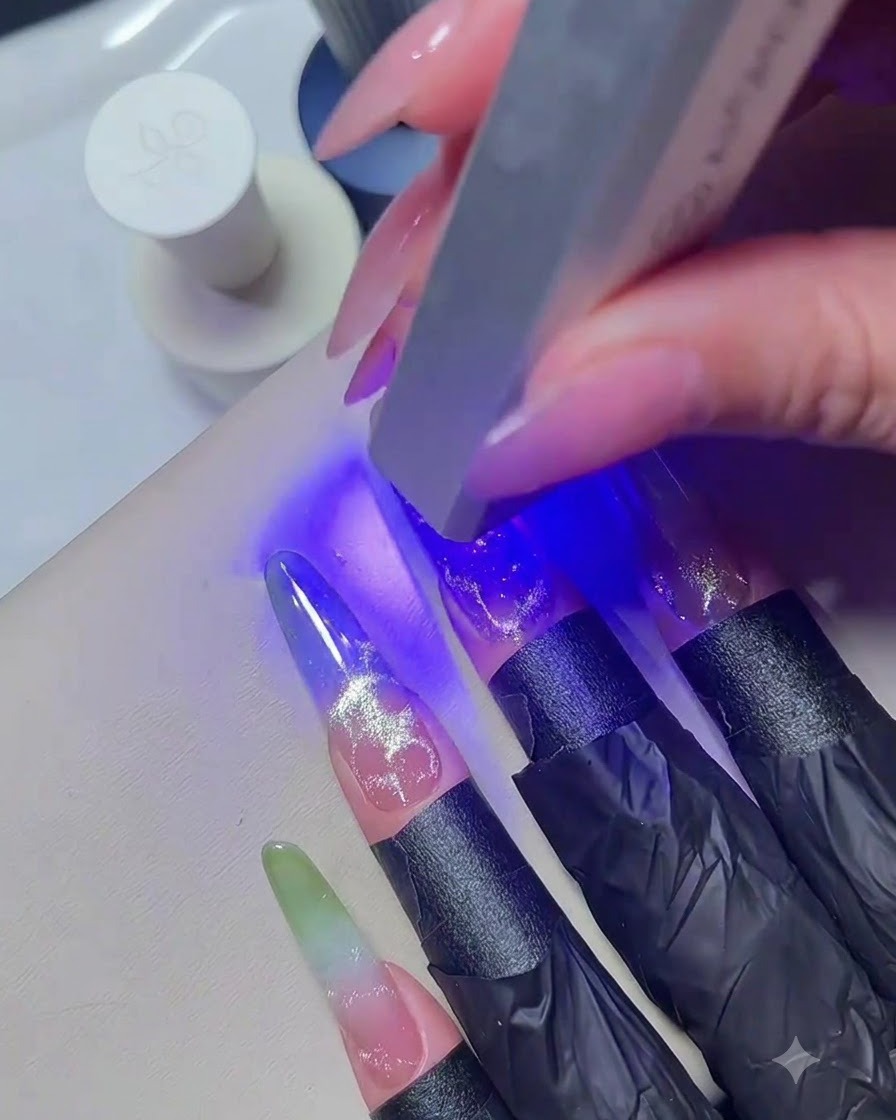 A hand holding a mini portable blue UV flashlight over manicured nails to cure the gel.