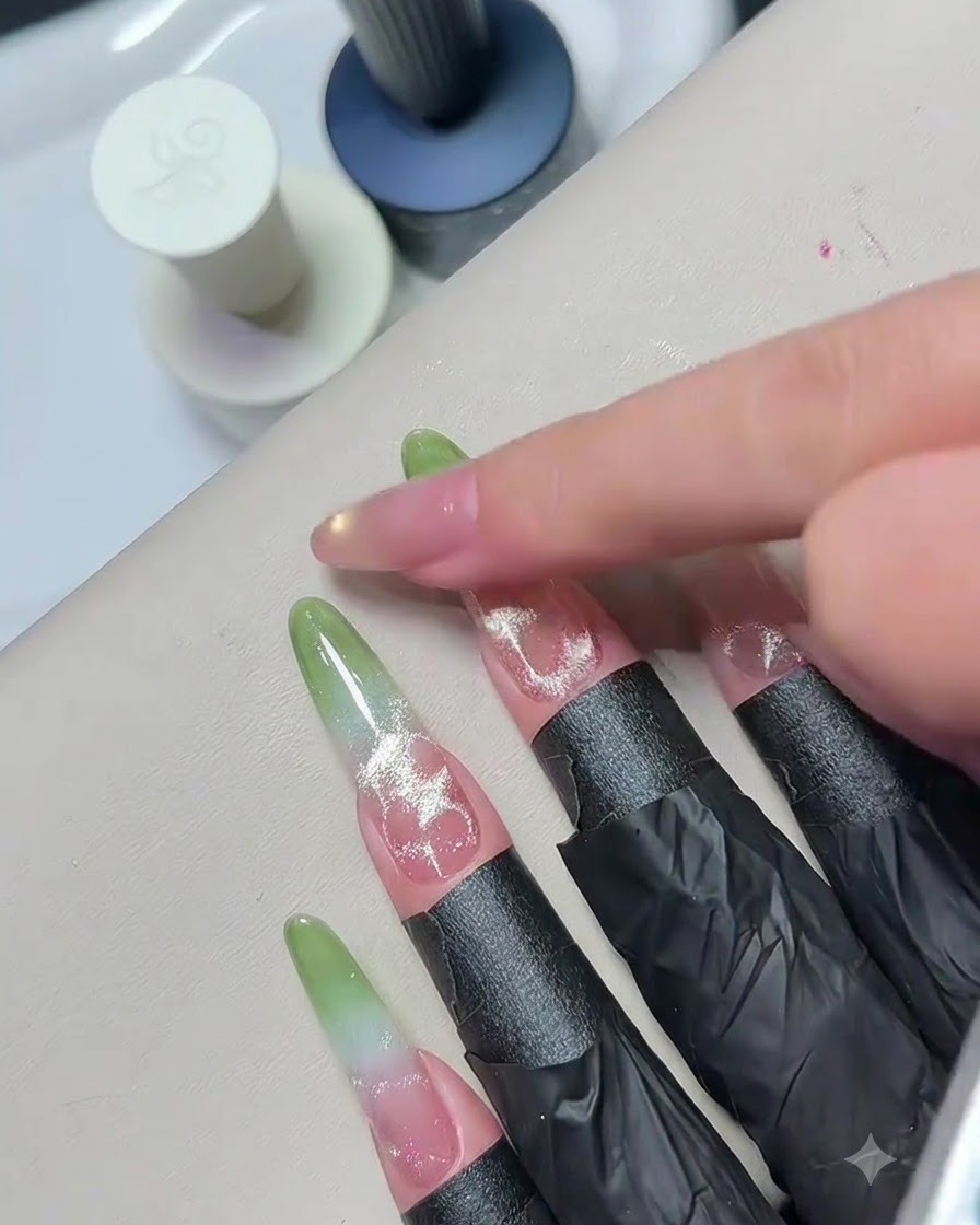 A finger gently touching the surface of a cured glossy nail to inspect its finished texture.