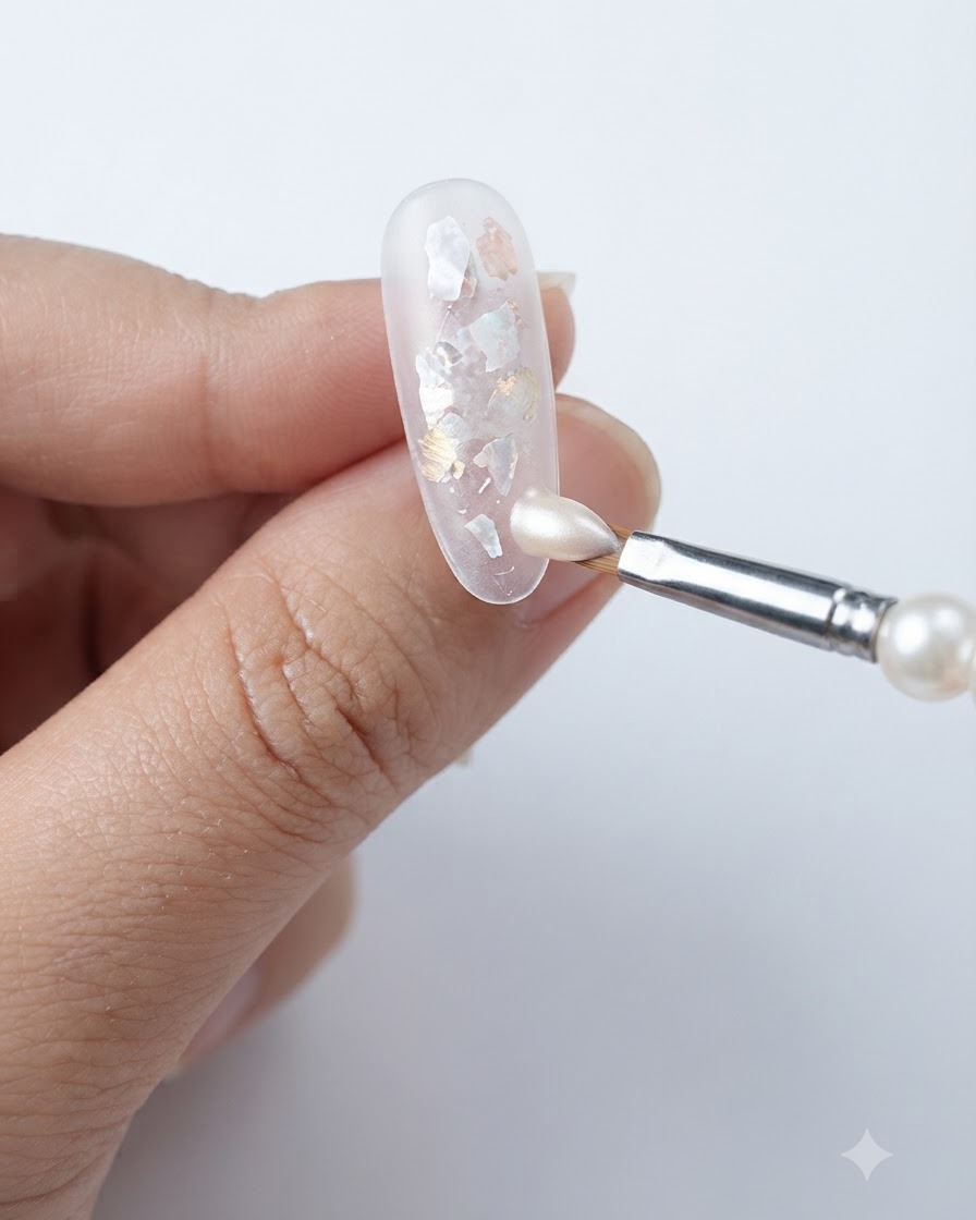 A fine brush painting pearlescent gel around the edges of embedded shell pieces on a nail.