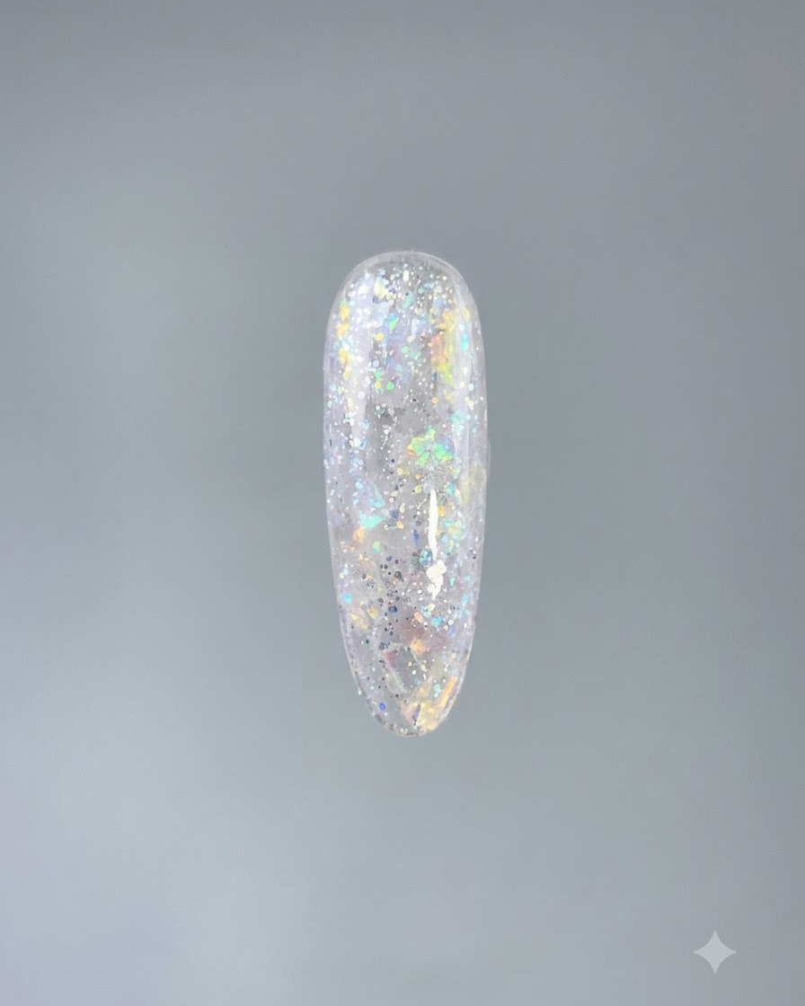 A finished nail featuring encapsulated shell pieces and a sparkly velvet texture under neutral studio lighting.