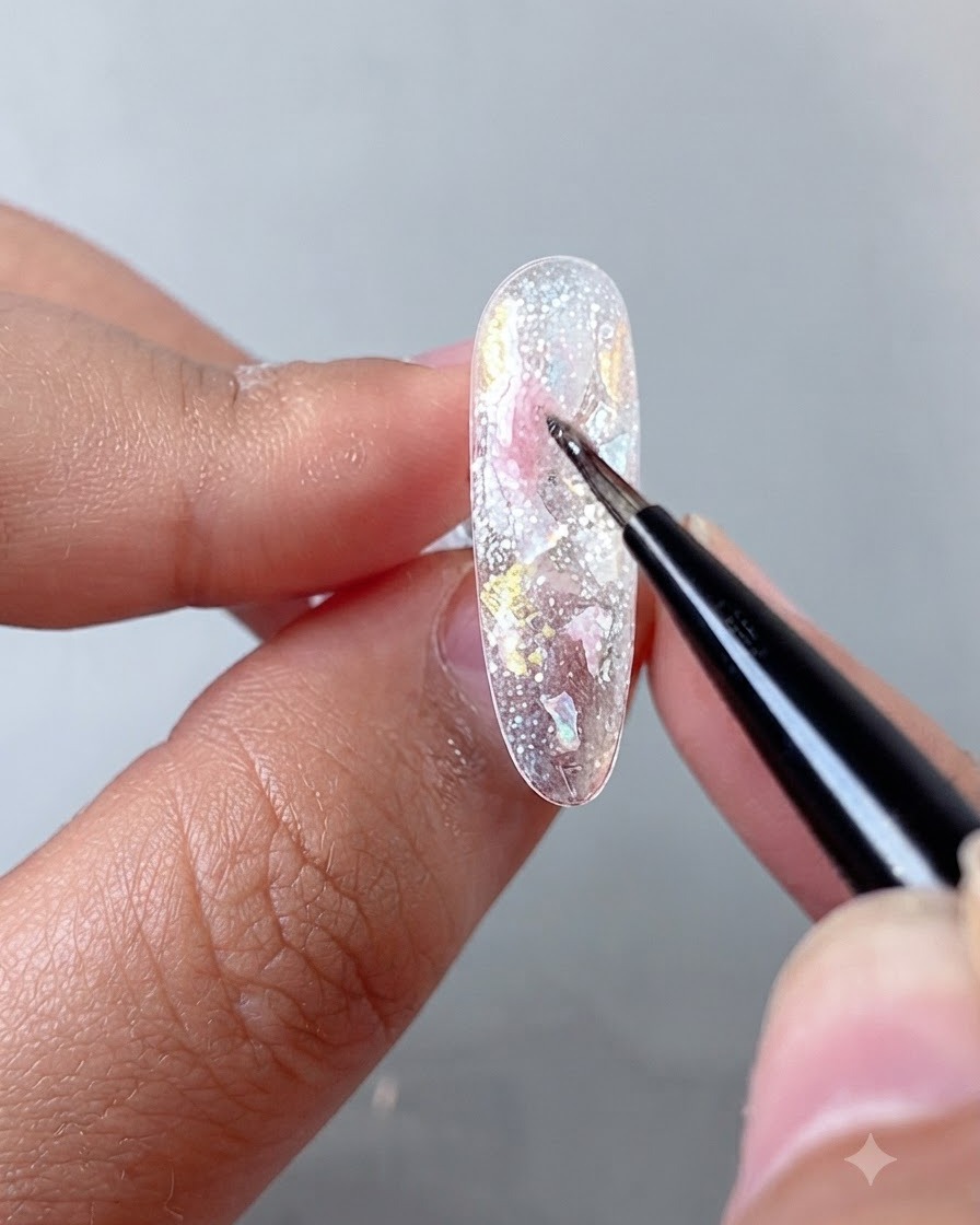 A detailed shot of a nail brush applying translucent pinkish gel color blocks onto decorated nails.