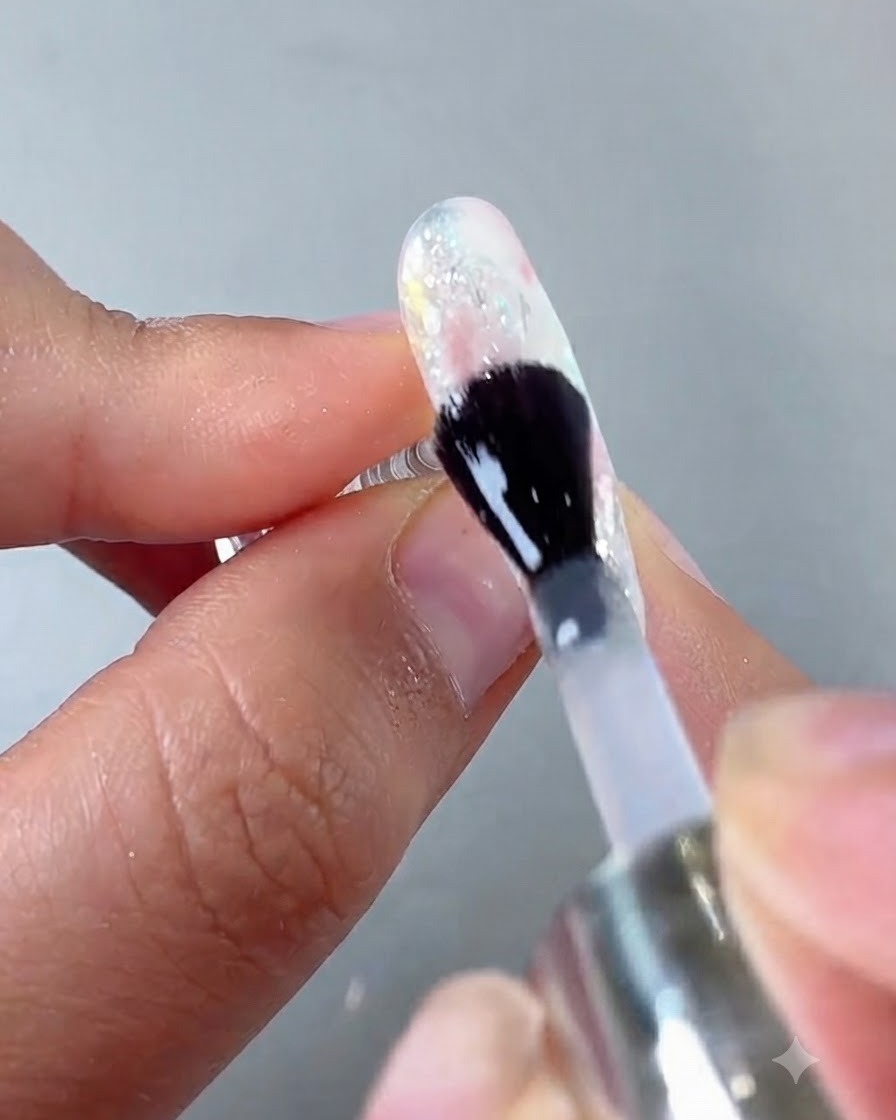 A brush sweeping a clear layer of soft reinforcing gel across the entire surface of the nail.