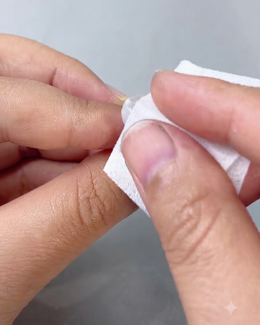 A lint-free wipe cleaning dust off a prepped artificial nail surface.
