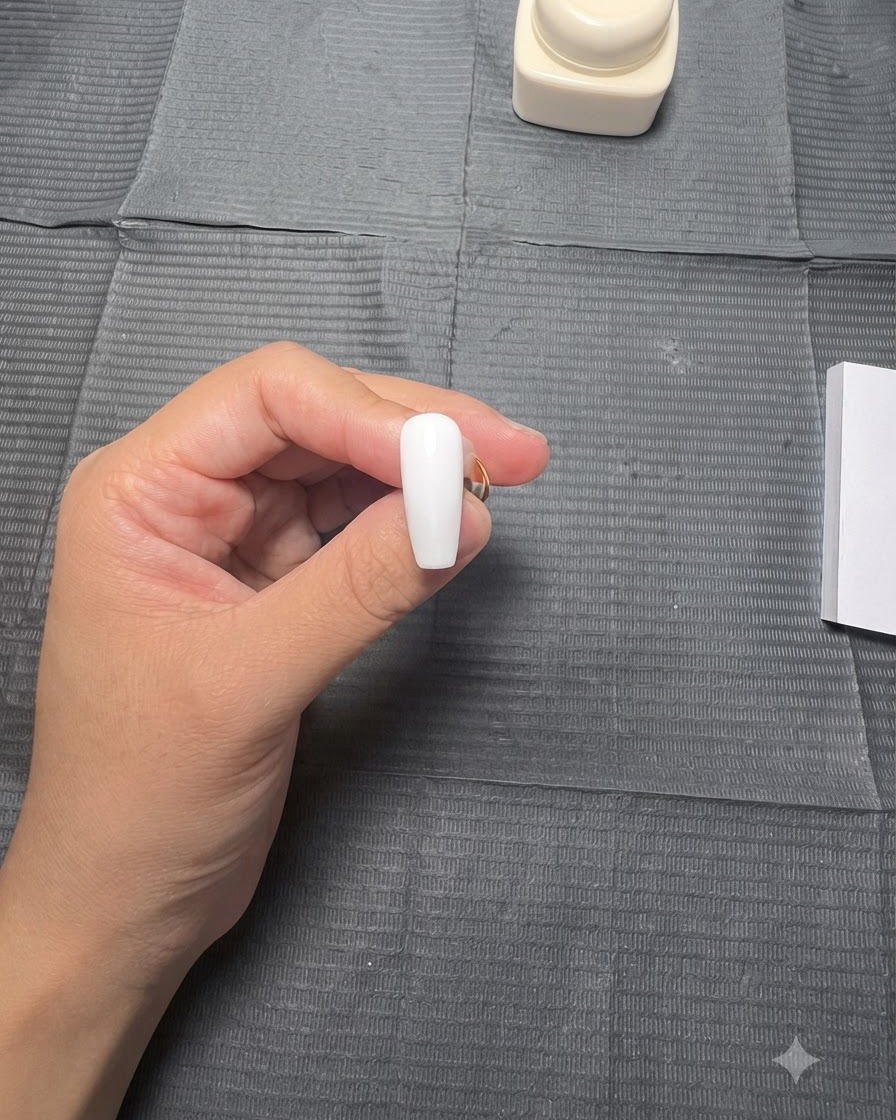 A dotting pen touching a white nail surface to place a colored gel dot.