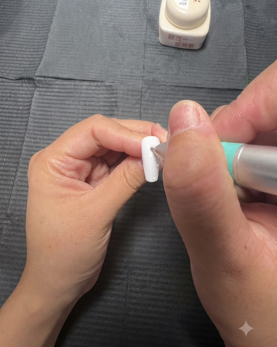 A hand using a dotting pen to add multiple colored dots around a central dot on a white nail.