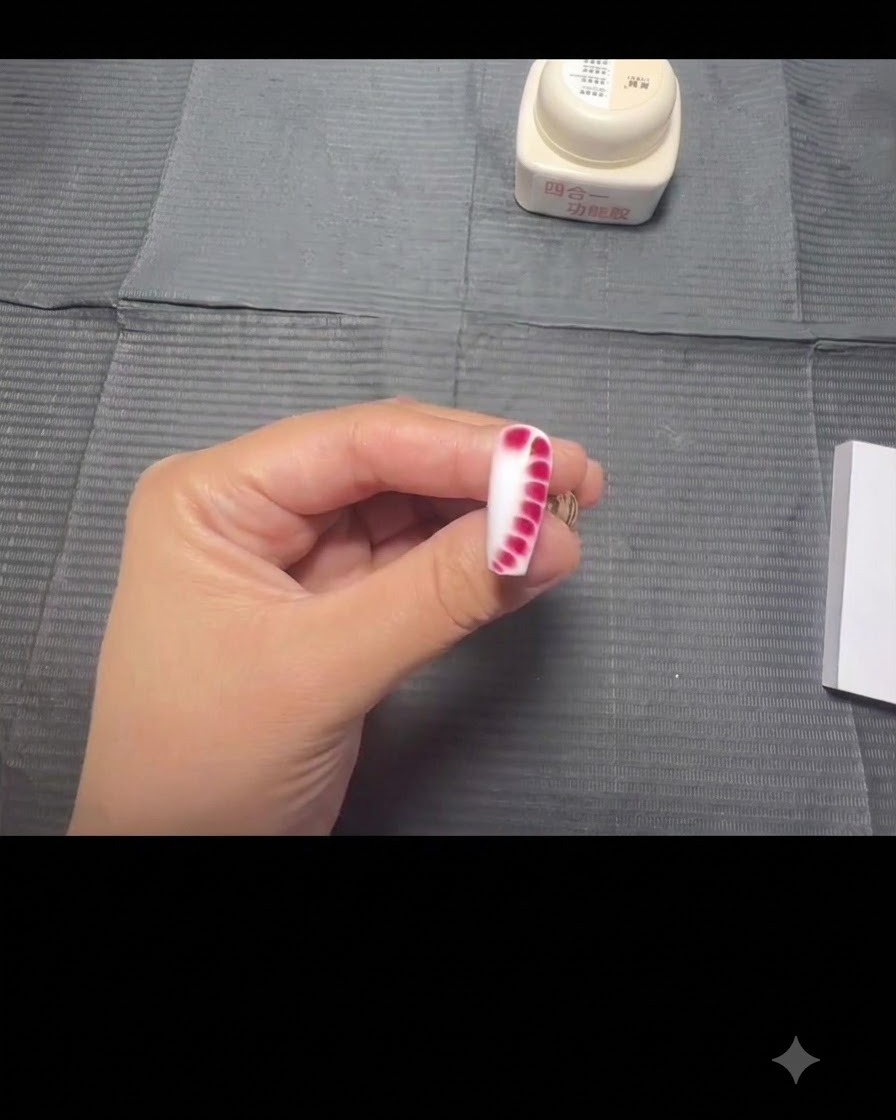 The fully bloomed snake skin nail art design where the red dots have spread out beautifully across the white base, ready to be cured.