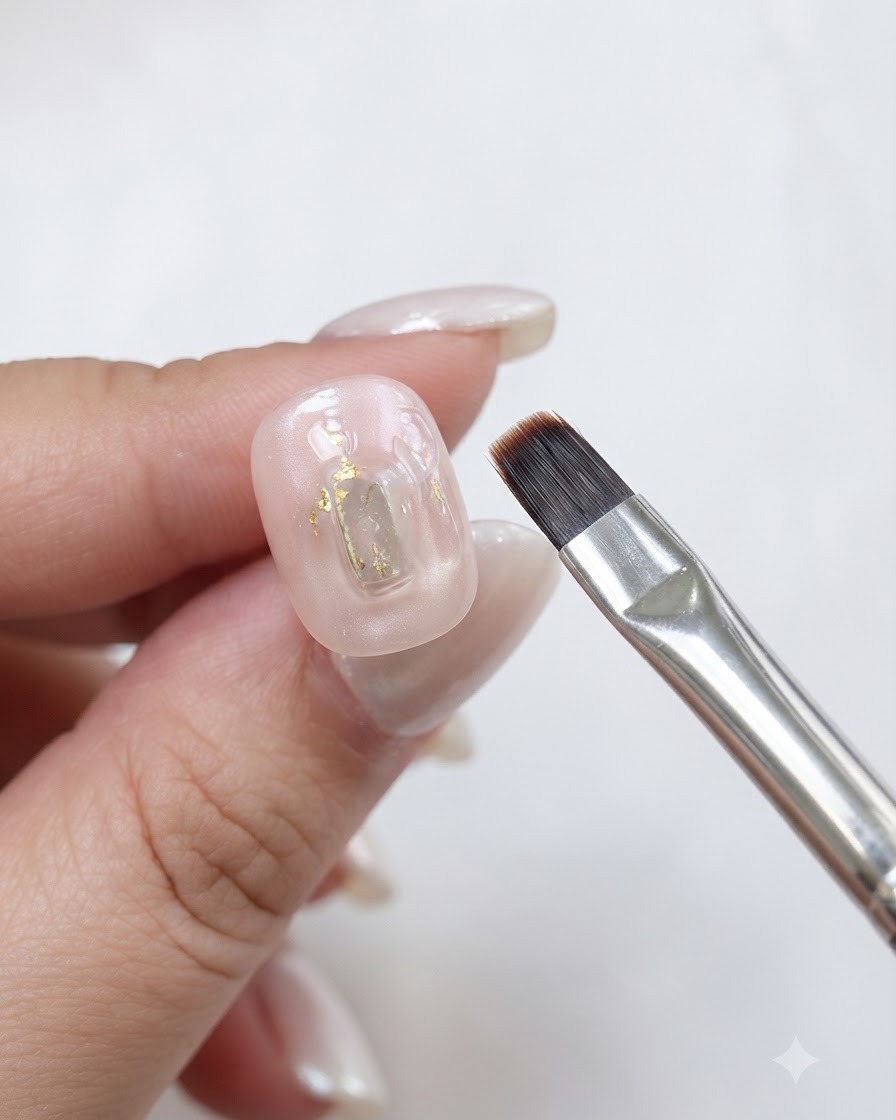 A flat gel brush holding near a nail with pink application.