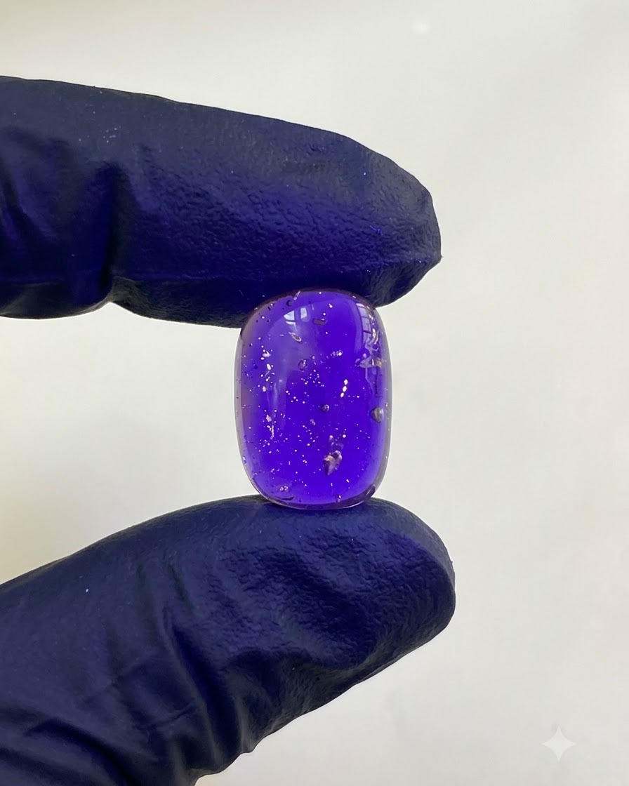 A close-up of fingers wearing blue gloves holding a purple nail model.