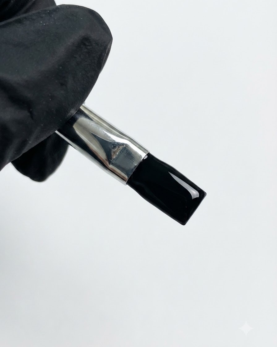 A gloved hand holding a brush loaded with black gel.