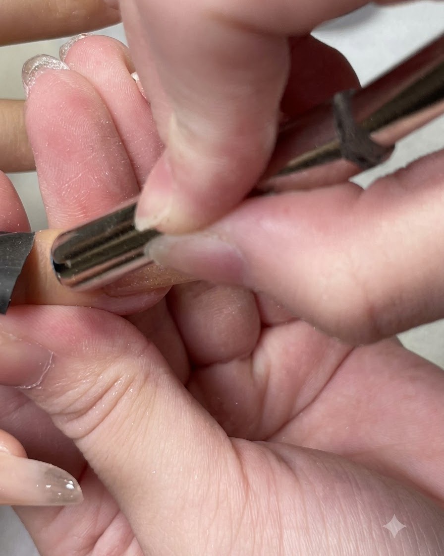 Stacked cylindrical magnets held close to the side of an index fingernail to concentrate cat eye particles.