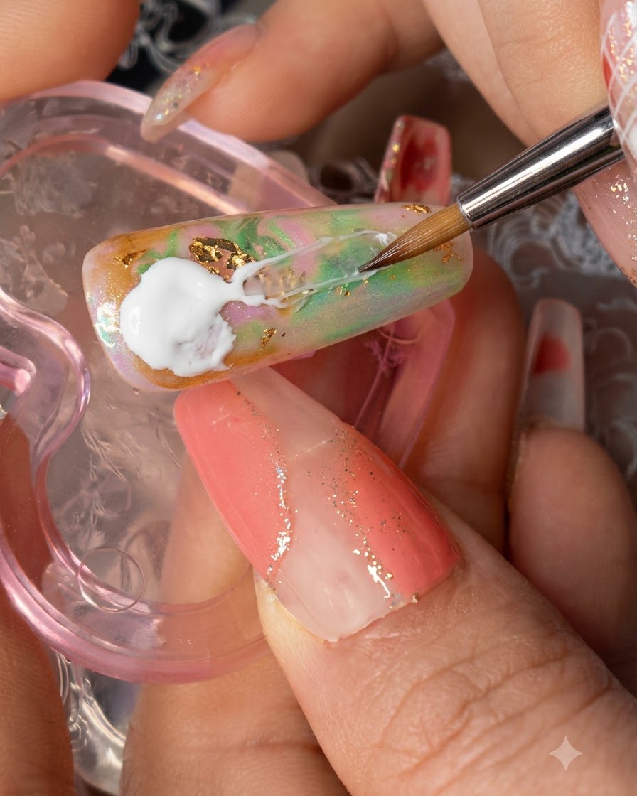 A fine detail brush drawing sheer white wispy lines over a smudged marble nail base with gold flakes.