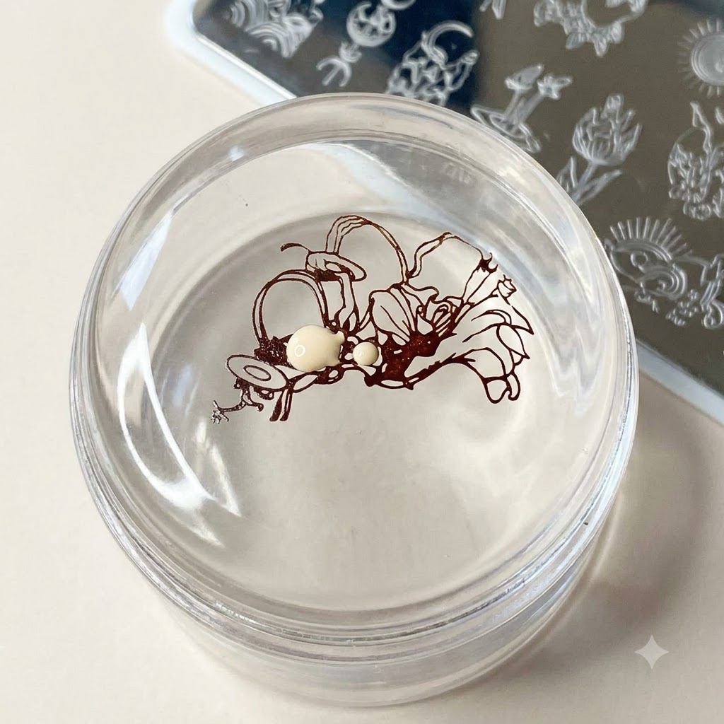 A clear jelly nail stamper holding a brown stamped line art figure, with a fine brush filling in the skin tone areas using nude gel polish.