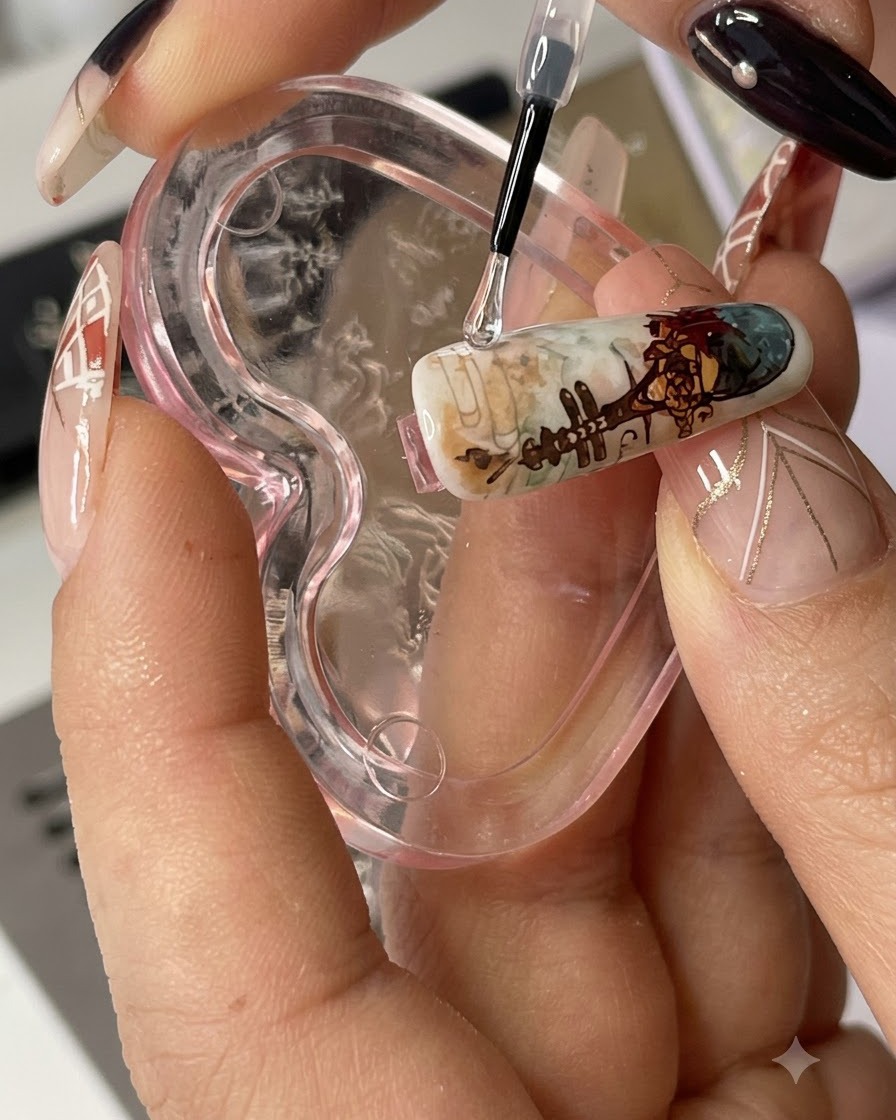 A clear stamper pressing a detailed figure onto the prepped surface of a middle finger nail.