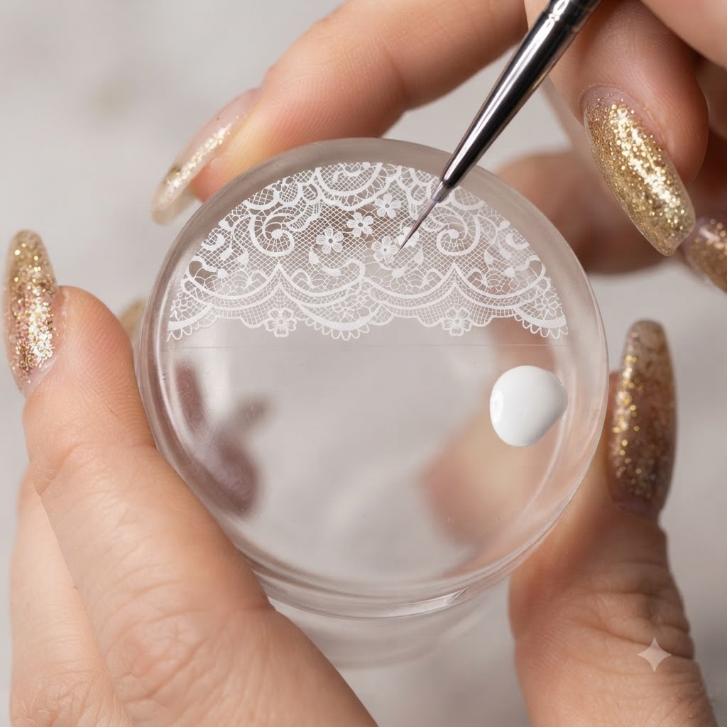 A fine detail brush filling in the skin color of a stamped figure pattern on a clear silicone stamper.