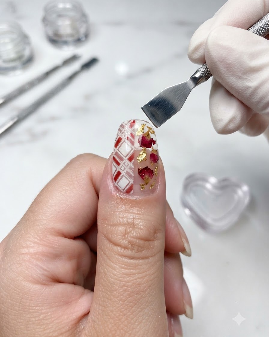 A brush applying a glossy top coat over a finished patterned and decorated nail.